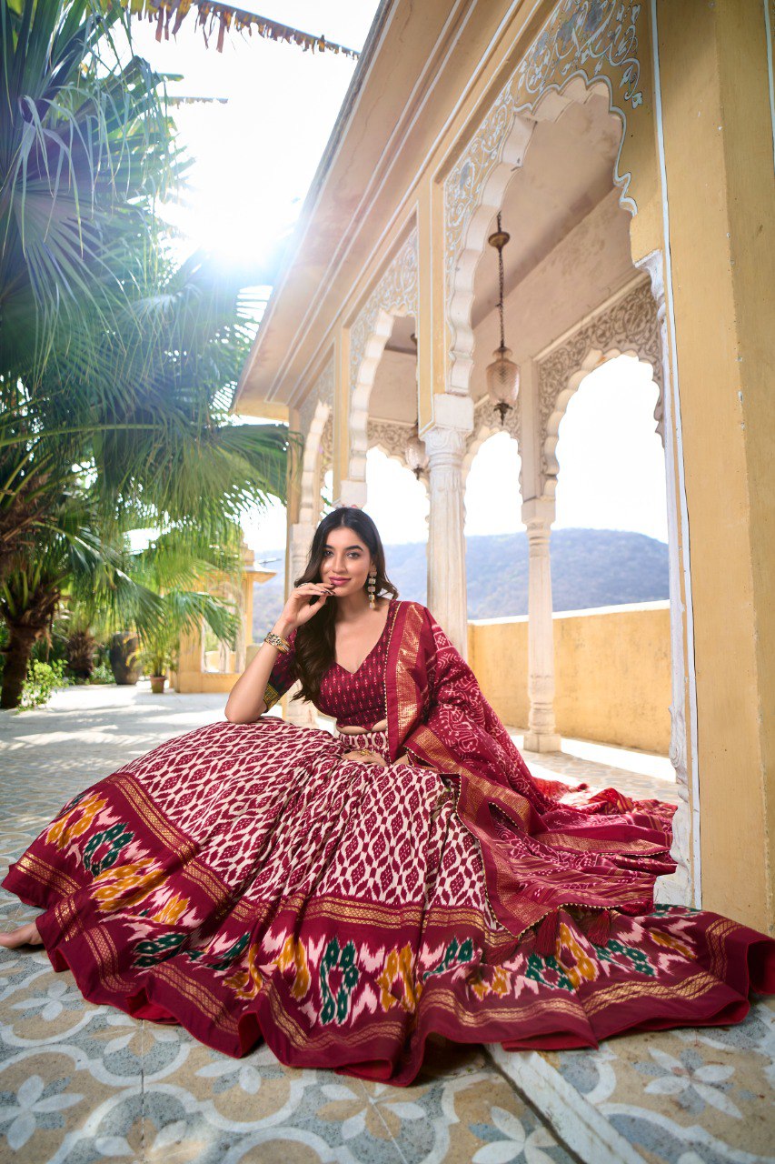 Lorenvalley Maroon Tussar Silk Ikkat Print With Foil Work Lehenga Choli with Dupatta - Distacart