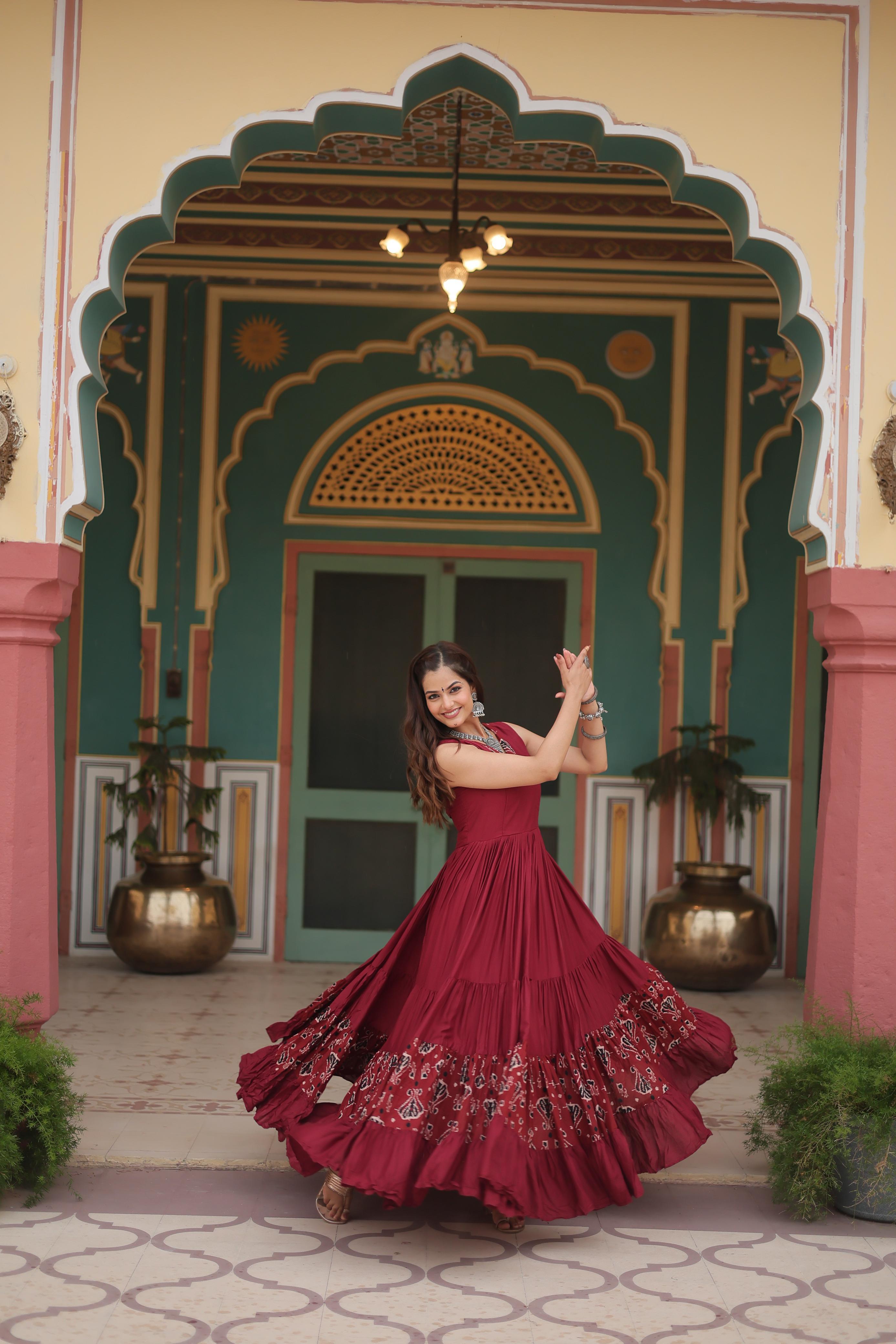 Lorenvalley Maroon Rayon Fabric with Printed Attached In Frill And Neck Gown - Distacart