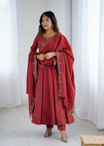 Thumbnail for Lorenvalley Fashion Maroon Roman Shimmer Chanderi Silk Yoke Fancy Handwork Beads Work Anarkali Kurta Pant With Dupatta Set