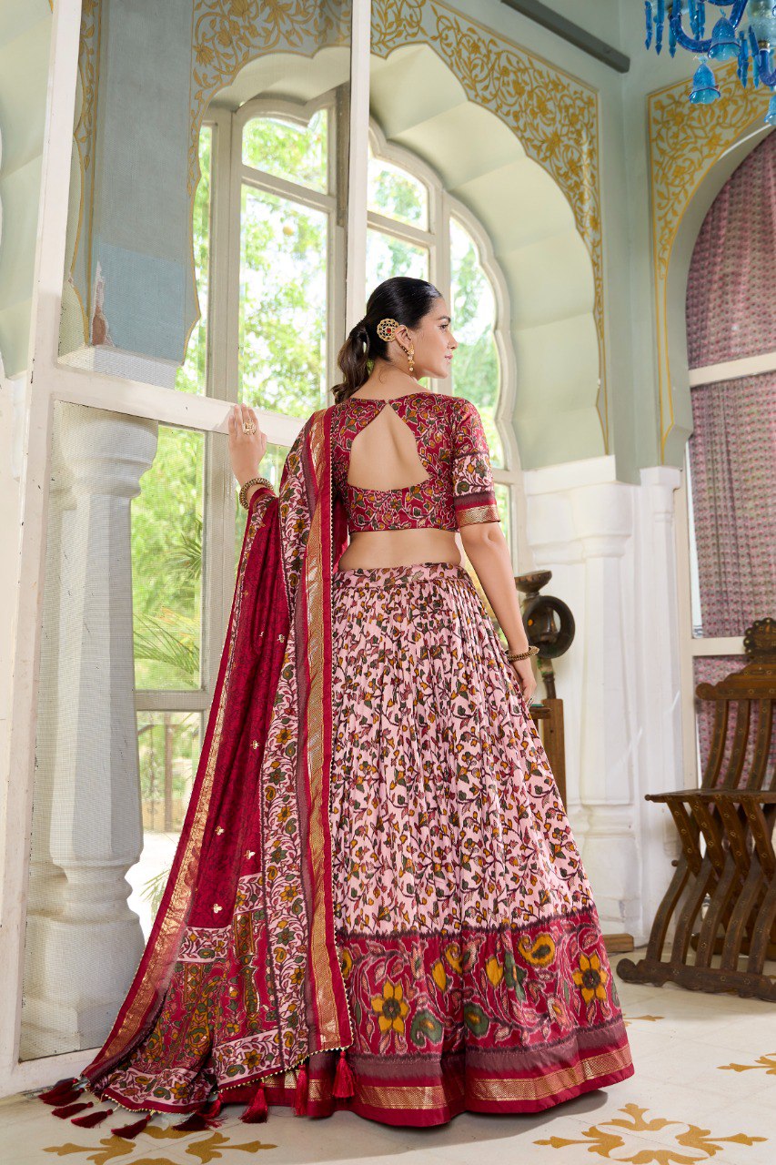 Lorenvalley Maroon Tussar Silk Floral Print with Foil Print Lehenga Choli with Dupatta - Distacart