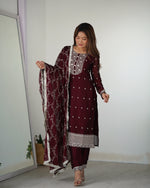 Thumbnail for Lorenvalley Maroon Rangoli Silk Embroidery Sequence And Thread Work Kurta Trousers with Dupatta Set - Distacart
