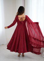 Thumbnail for Lorenvalley Fashion Maroon Faux Georgette Lukhnowi Sequence Work Anarkali Kurta Pant With Dupatta Set
