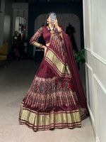 Thumbnail for Lorenvalley Maroon Gaji Silk Digital Print With Lagadi Patta Lehenga Choli with Dupatta - Distacart