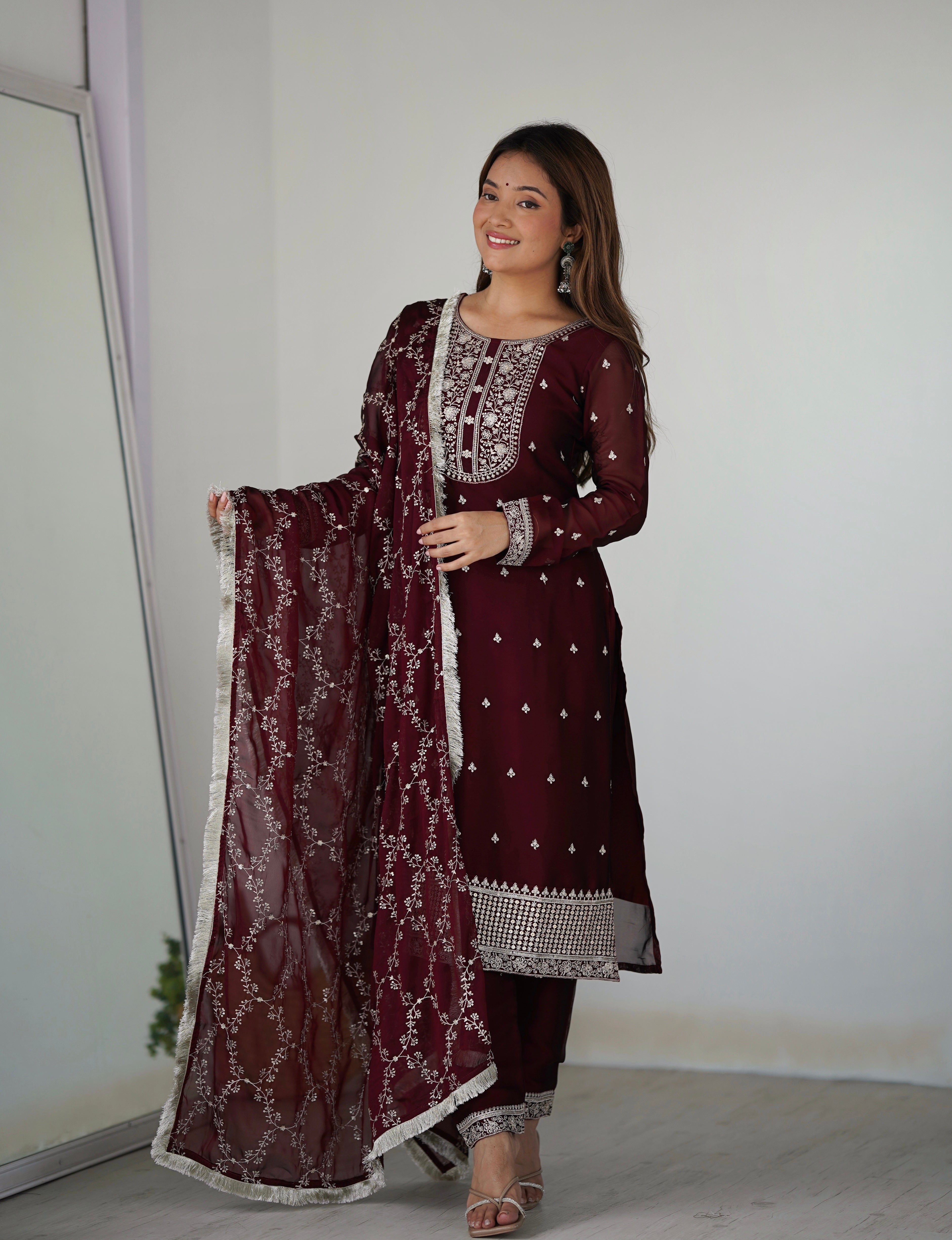 Lorenvalley Maroon Rangoli Silk Embroidery Sequence And Thread Work Kurta Trousers with Dupatta Set - Distacart