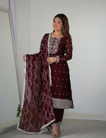 Thumbnail for Lorenvalley Maroon Rangoli Silk Embroidery Sequence And Thread Work Kurta Trousers with Dupatta Set - Distacart