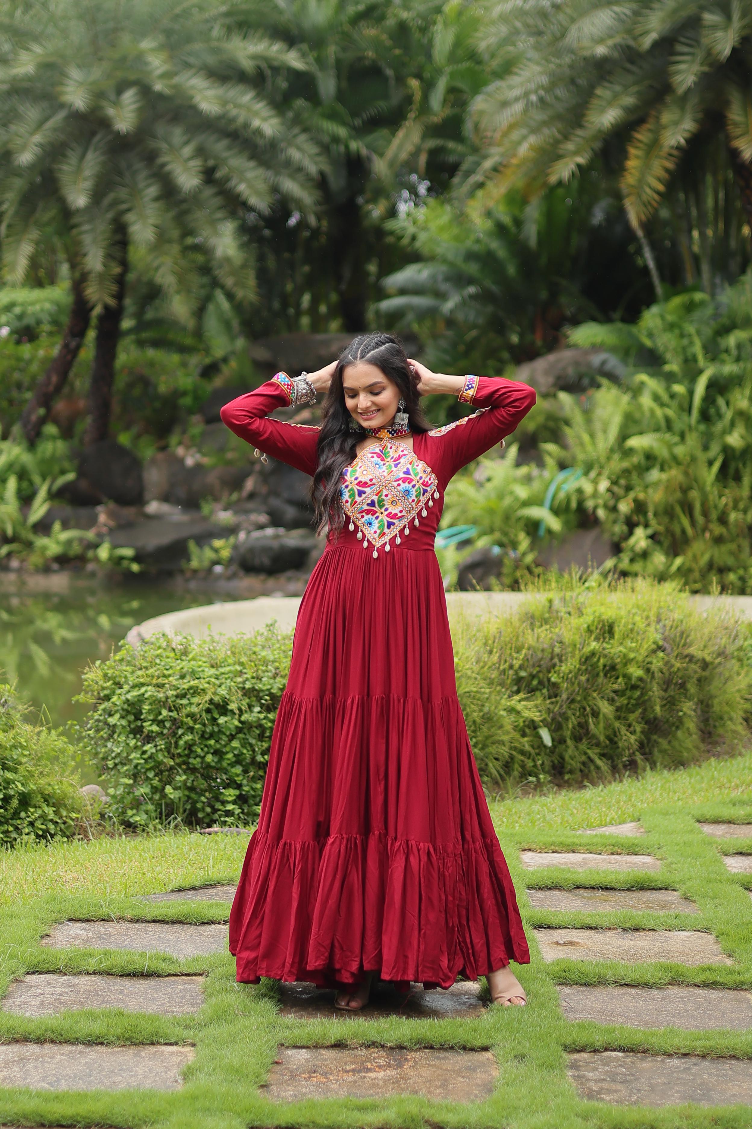 Lorenvalley Maroon Rayon Fabric with Kutchi Gamthi work Gown