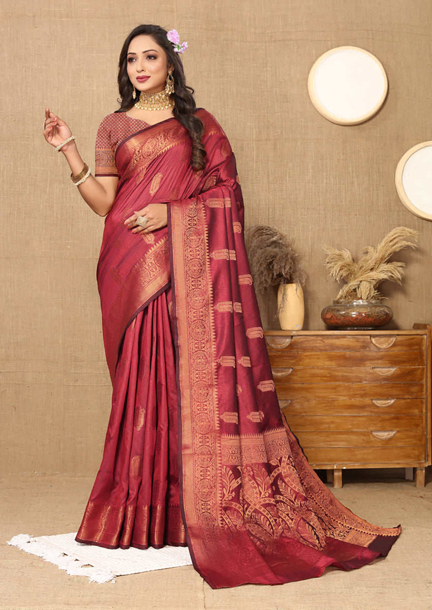 Lorenvalley Fashion Maroon Soft Katan Silk Woven Design Copper Zari Weaving Saree - Distacart