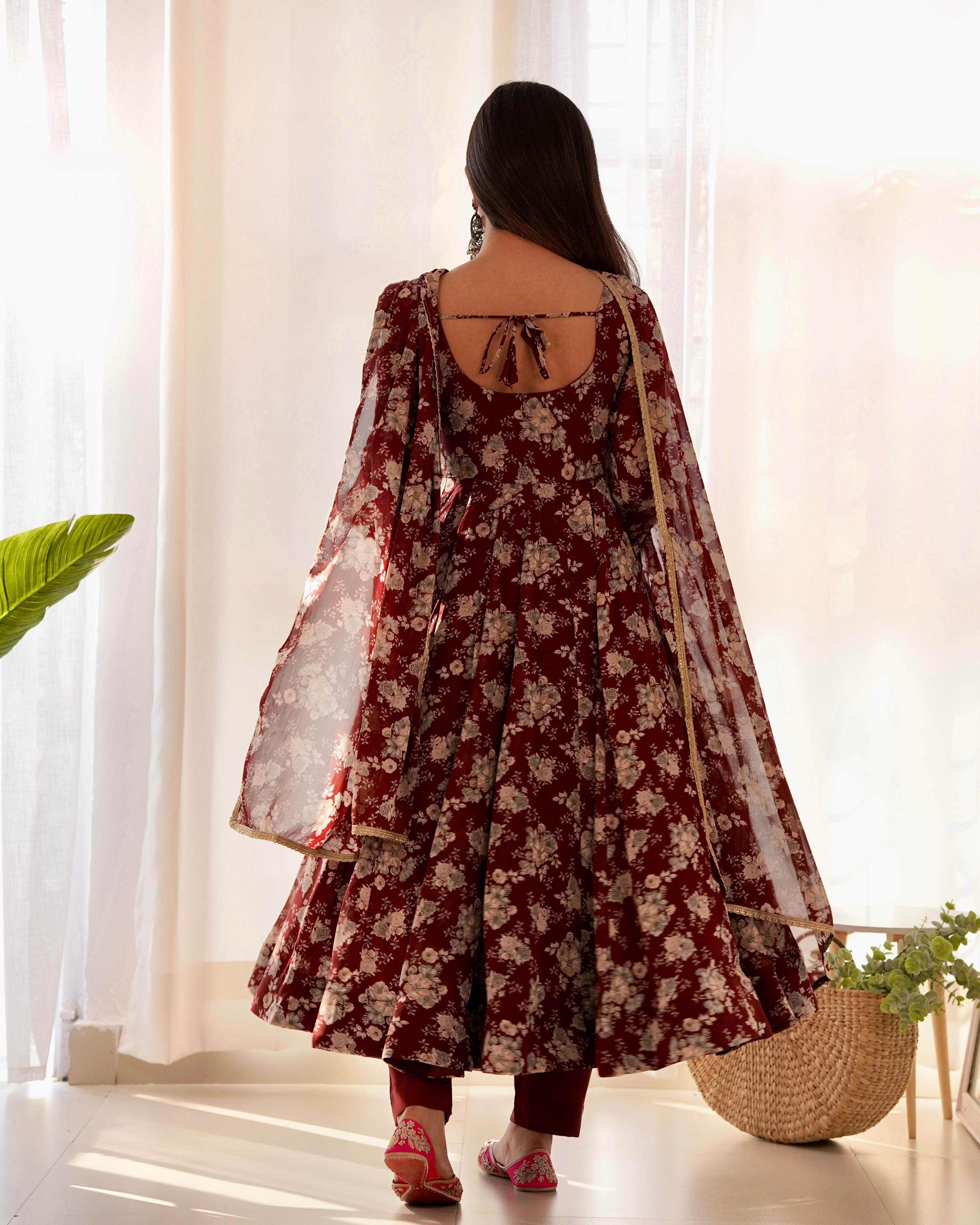 Lorenvalley Pure Faux Georgette Multi Floral Print Fully Flared Anarkali Pant With Dupatta Set - Maroon - Distacart