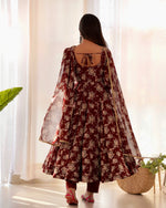 Thumbnail for Lorenvalley Pure Faux Georgette Multi Floral Print Fully Flared Anarkali Pant With Dupatta Set - Maroon - Distacart