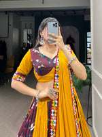 Thumbnail for Lorenvalley Rayon with Yellow and Wine Printed Silk Original Mirror Gamthi Work and Embossed Design Gota Lehenga Choli with Dupatta - Distacart
