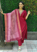 Thumbnail for Lorenvalley Fashion Maroon Roman Silk Hand Work Kurta Pant with Dupatta