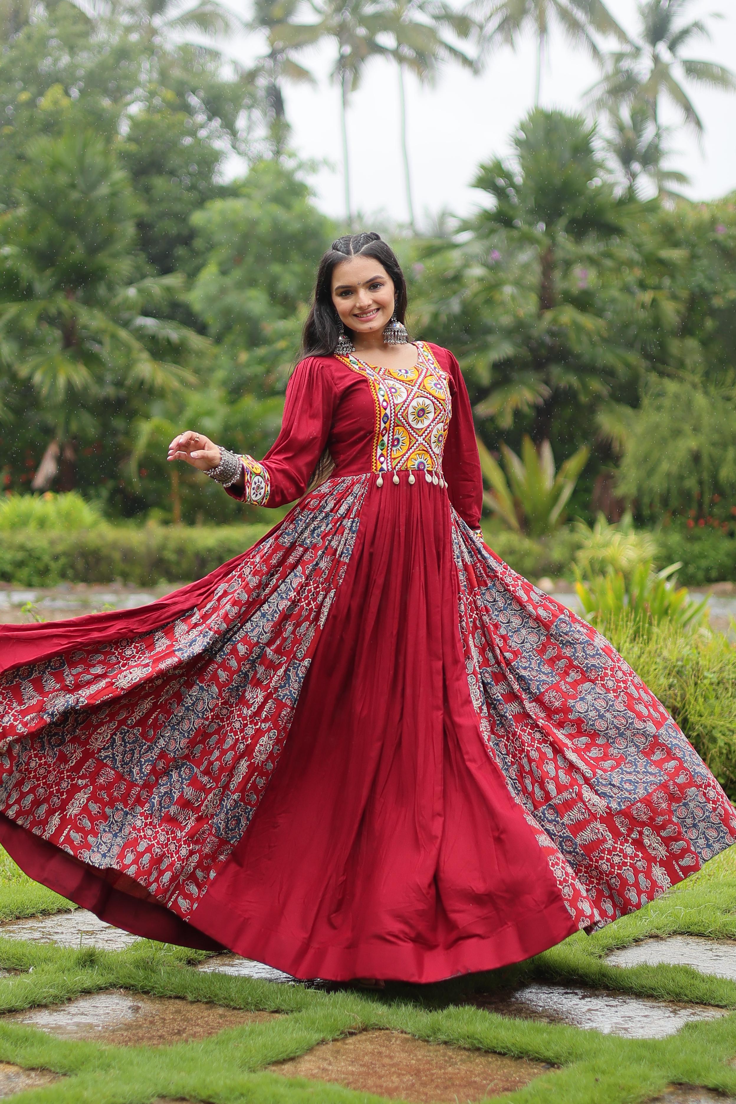Lorenvalley Maroon Rayon Contrast of Printed with Kutchi Gamthi work Gown