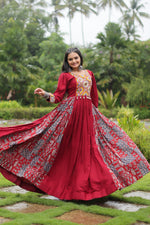 Thumbnail for Lorenvalley Maroon Rayon Contrast of Printed with Kutchi Gamthi work Gown