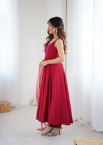 Thumbnail for Lorenvalley Fashion Maroon Pure Romansilk Chanderi Fabric Yoke Fancy Lace Work Anarkali Kurta Pant With Dupatta Set
