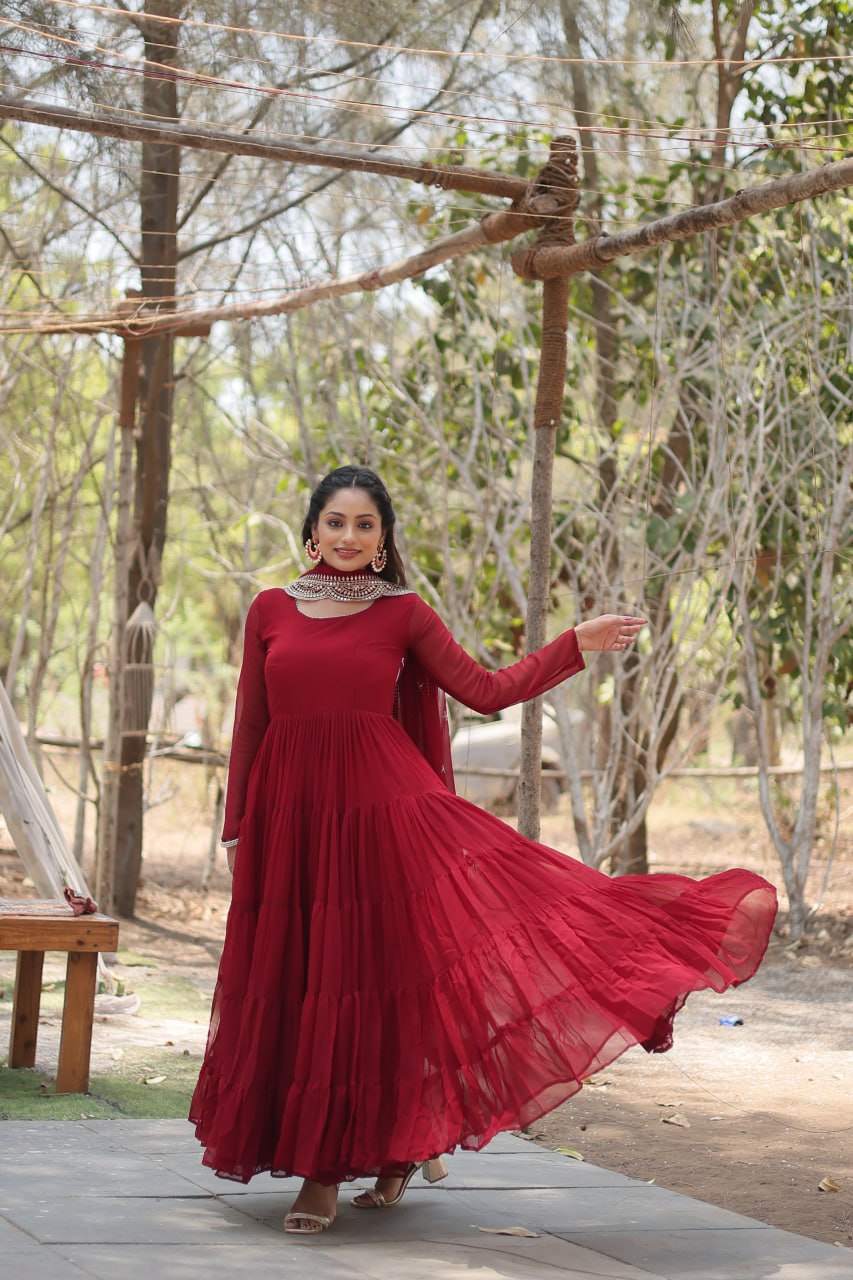 Evanik Maroon Faux Blooming Gown With Dupatta With Rich Sequins Embroidered work
