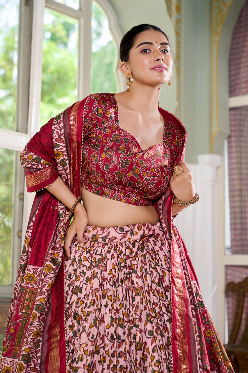 Lorenvalley Maroon Tussar Silk Floral Print with Foil Print Lehenga Choli with Dupatta - Distacart