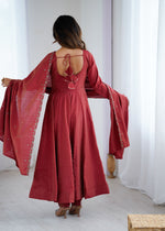 Thumbnail for Lorenvalley Fashion Maroon Roman Shimmer Chanderi Silk Yoke Fancy Handwork Beads Work Anarkali Kurta Pant With Dupatta Set