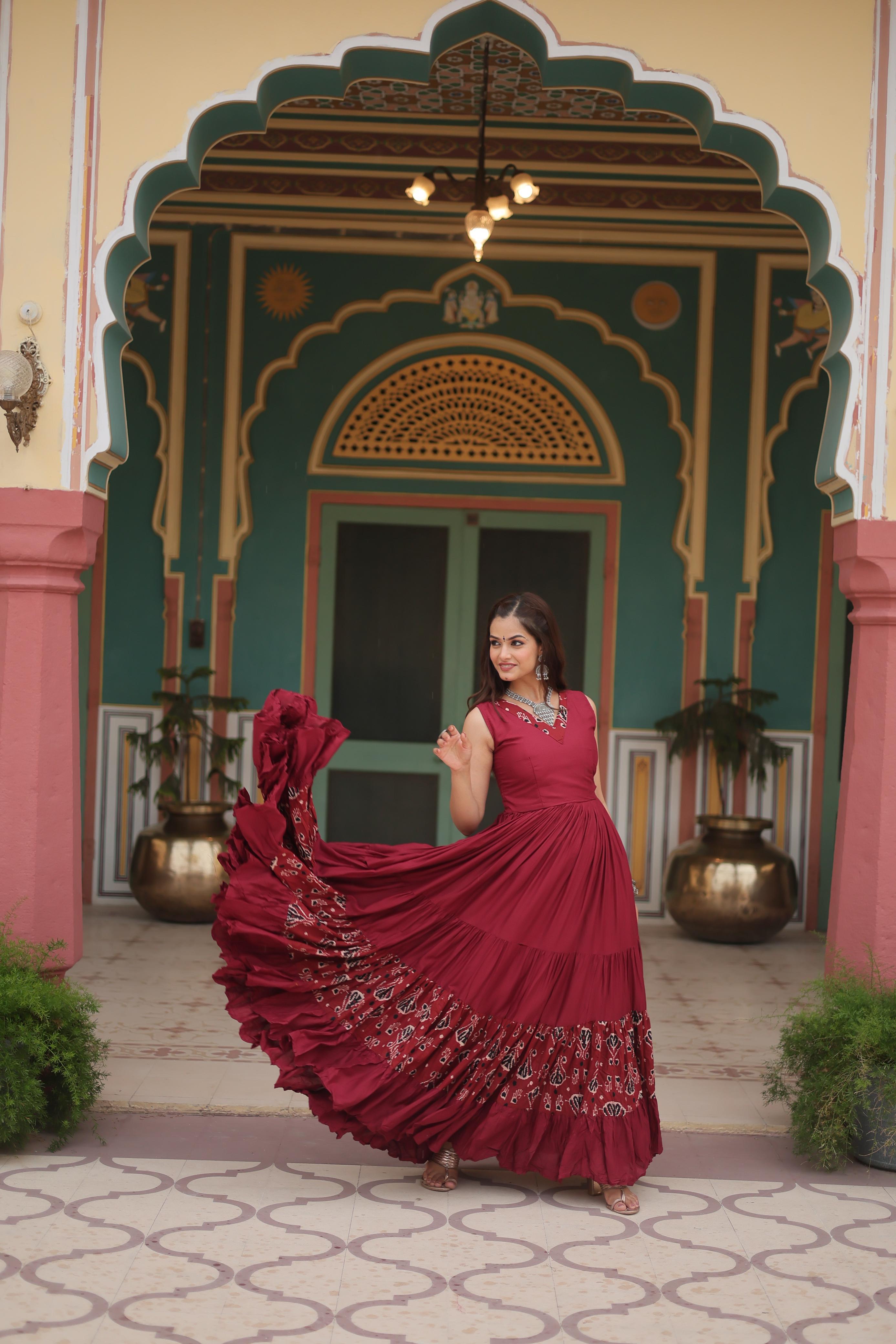 Lorenvalley Maroon Rayon Fabric with Printed Attached In Frill And Neck Gown - Distacart