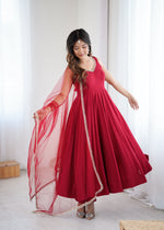 Thumbnail for Lorenvalley Fashion Maroon Pure Romansilk Chanderi Fabric Yoke Fancy Lace Work Anarkali Kurta Pant With Dupatta Set