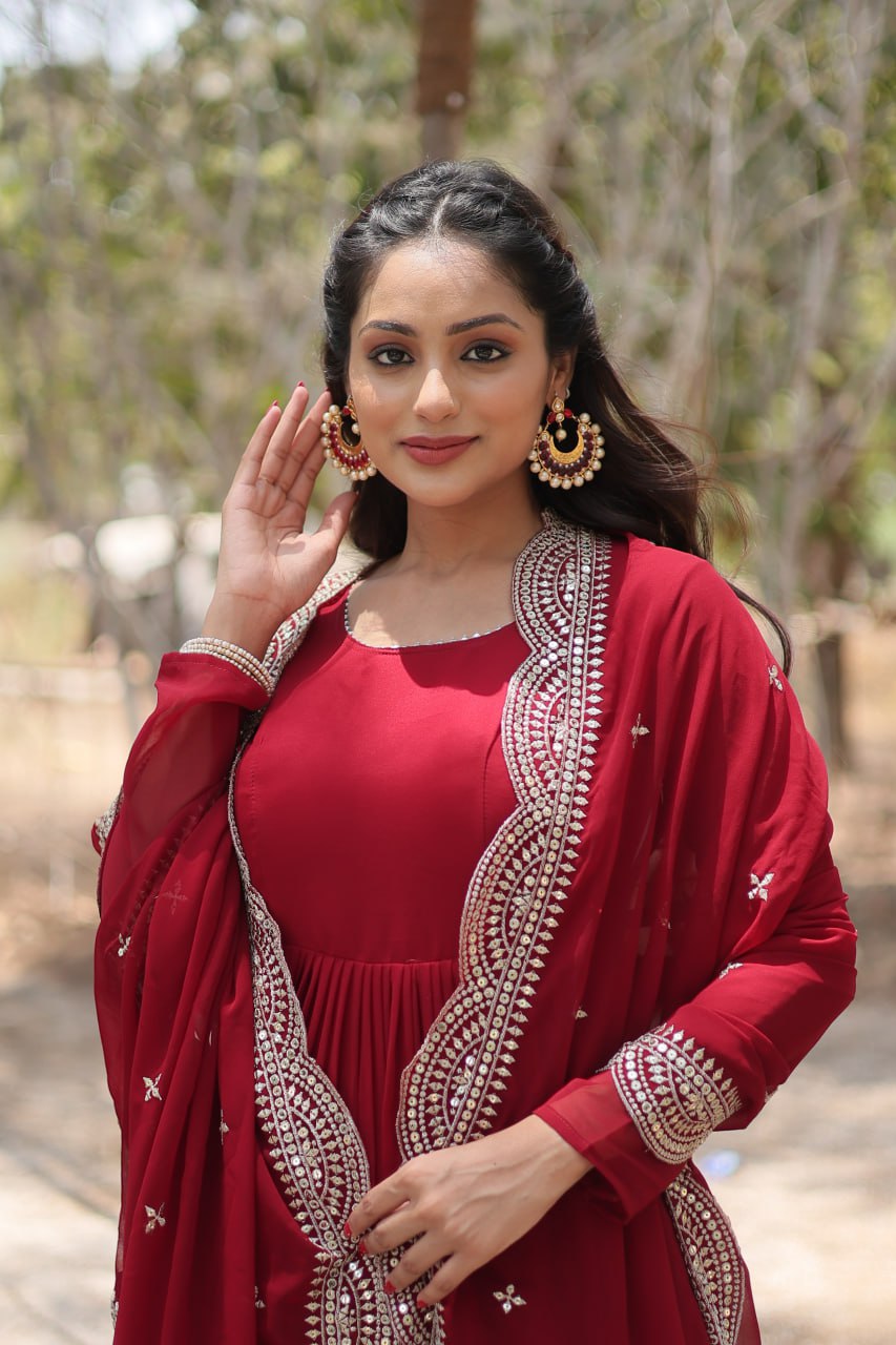 Evanik Maroon Faux Blooming Gown With Dupatta With Rich Sequins Embroidered work
