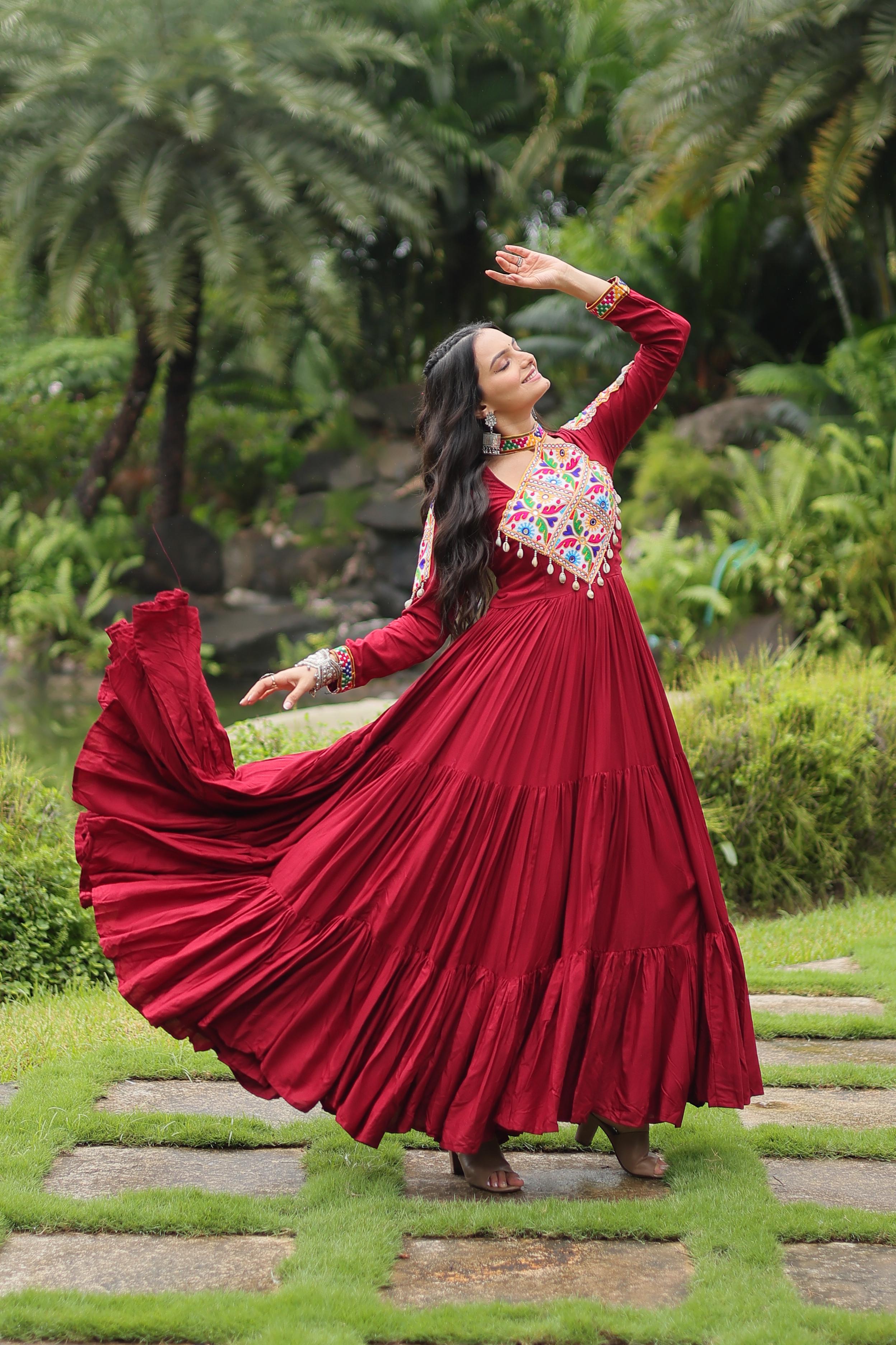 Lorenvalley Maroon Rayon Fabric with Kutchi Gamthi work Gown
