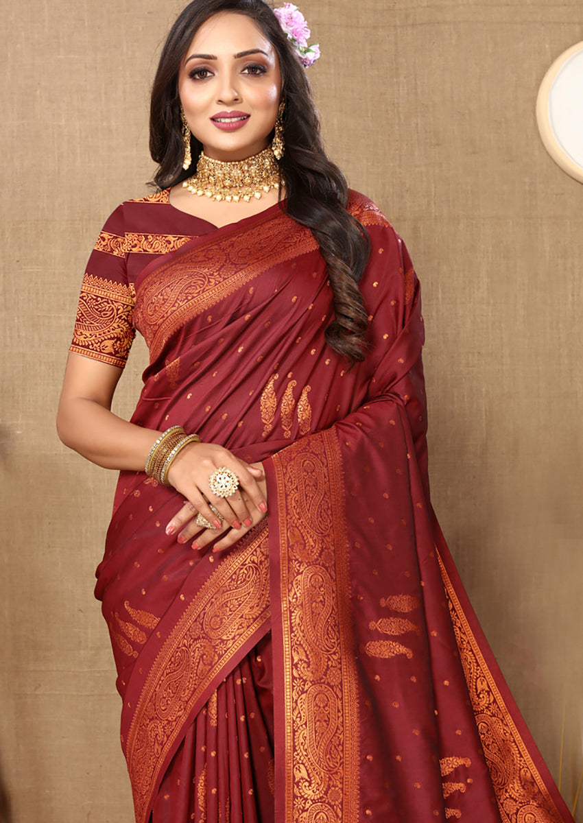 Lorenvalley Fashion Maroon Soft Silk Copper Zari weaving Design Saree - Distacart