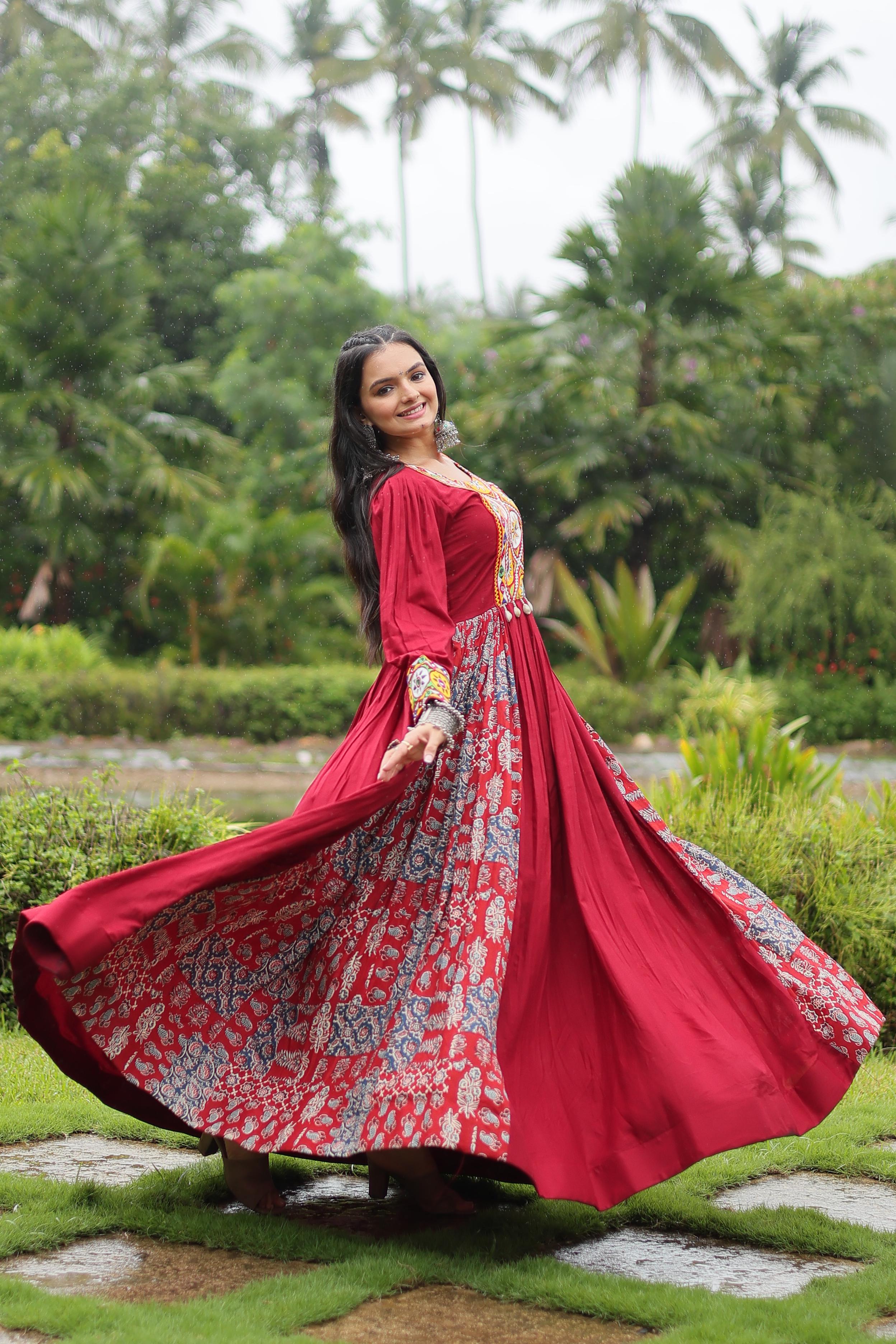 Lorenvalley Maroon Rayon Contrast of Printed with Kutchi Gamthi work Gown