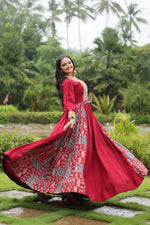 Thumbnail for Lorenvalley Maroon Rayon Contrast of Printed with Kutchi Gamthi work Gown