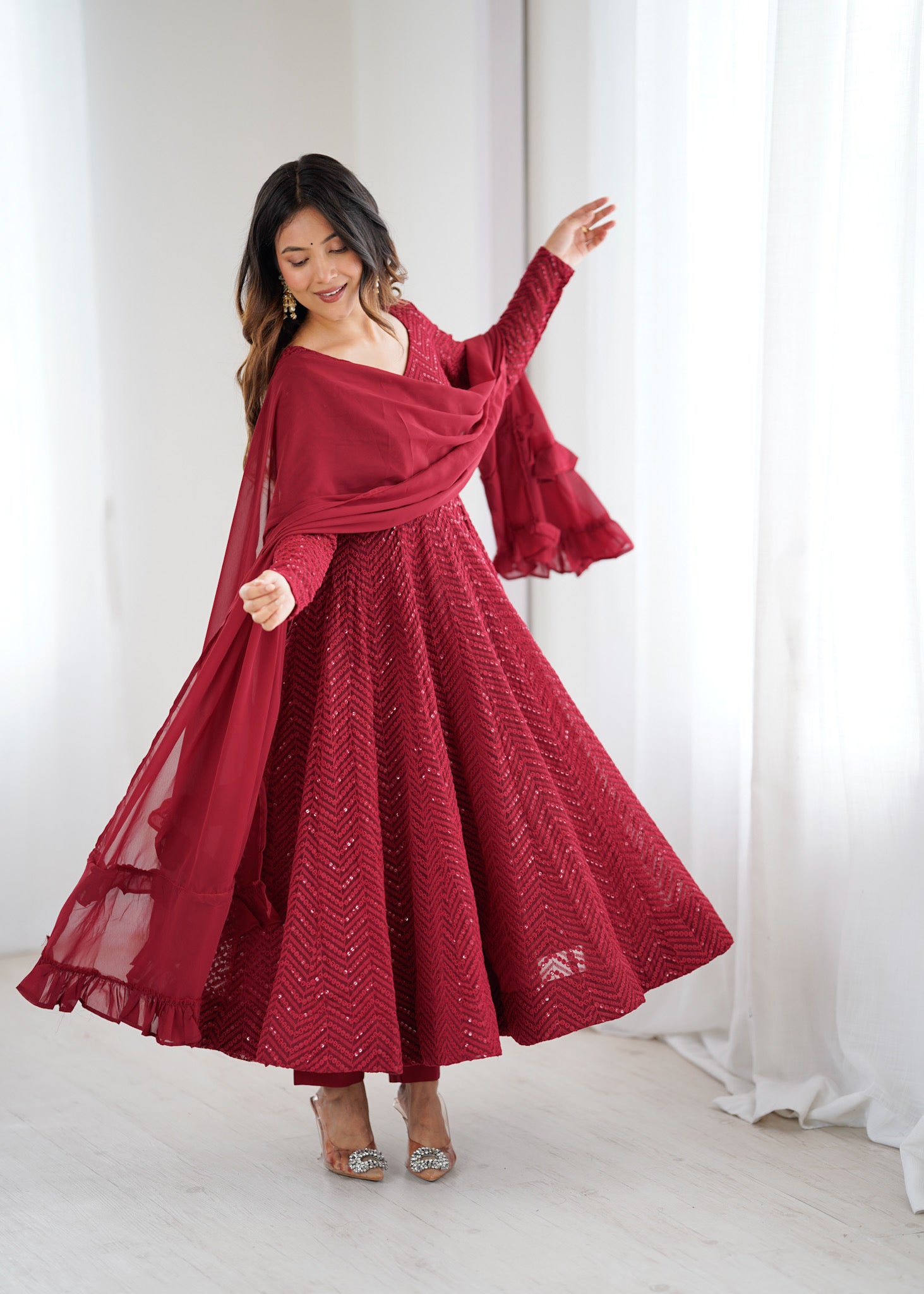 Lorenvalley Fashion Maroon Faux Georgette Lukhnowi Sequence Work Anarkali Kurta Pant With Dupatta Set