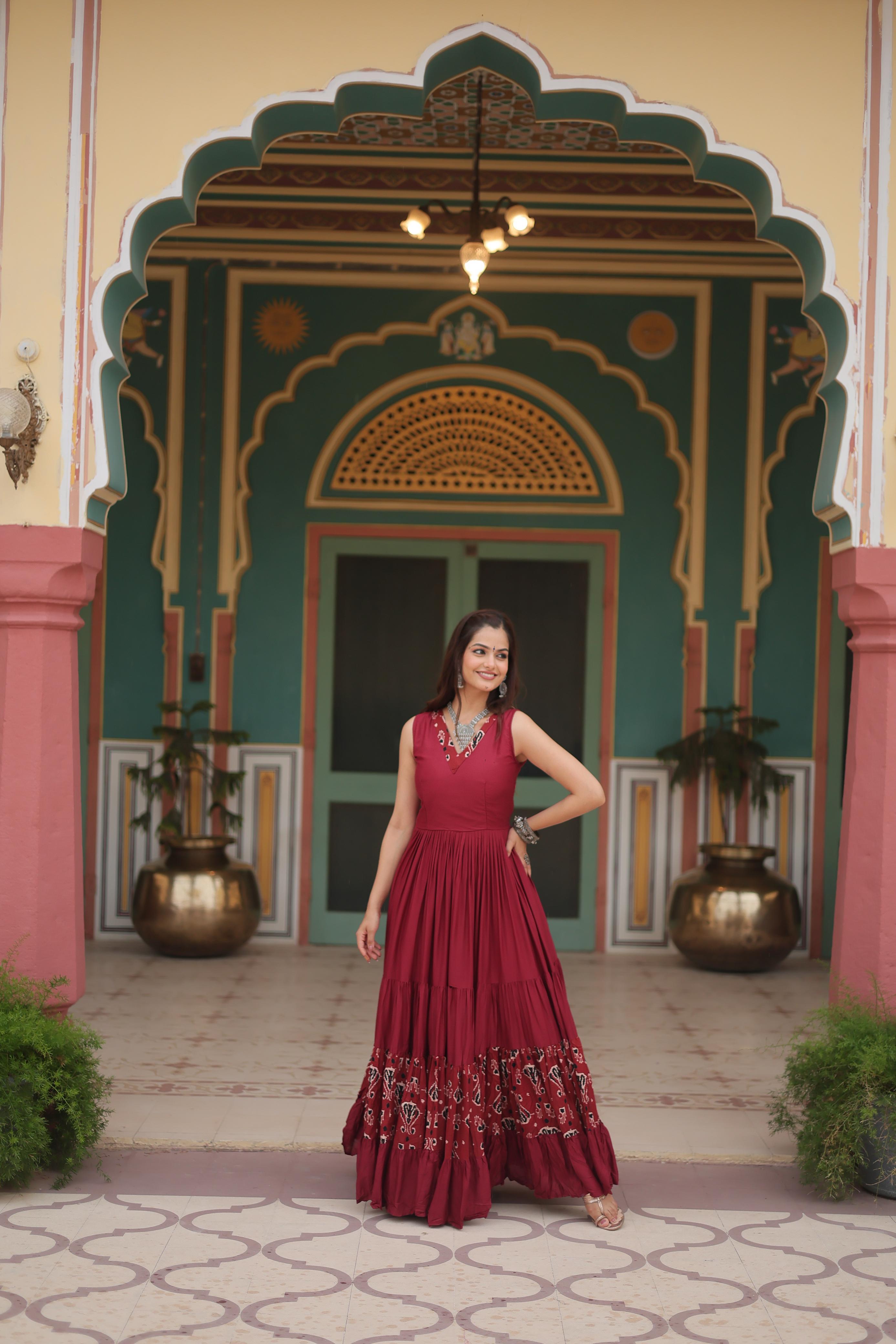 Lorenvalley Maroon Rayon Fabric with Printed Attached In Frill And Neck Gown - Distacart