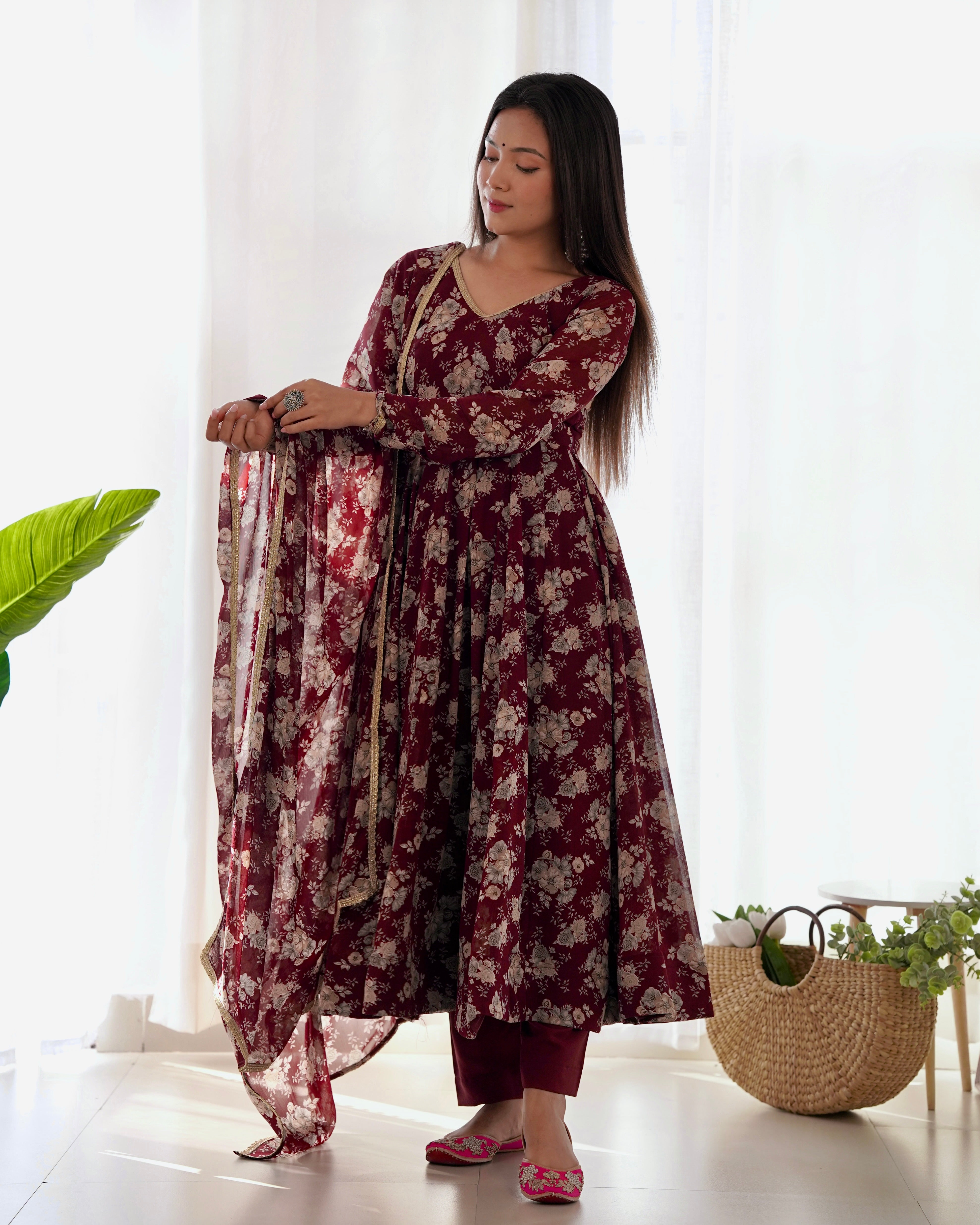 Lorenvalley Pure Faux Georgette Multi Floral Print Fully Flared Anarkali Pant With Dupatta Set - Maroon - Distacart