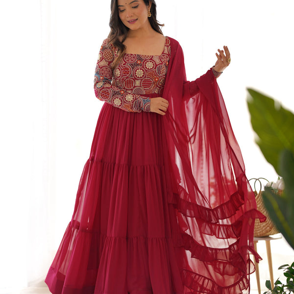 Lorenvalley Fashion Maroon Faux Georgette Embroidery 9 Needle Thread Work Anarkali Pant with Dupatta - Distacart