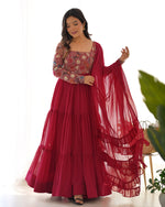 Thumbnail for Lorenvalley Fashion Maroon Faux Georgette Embroidery 9 Needle Thread Work Anarkali Pant with Dupatta - Distacart