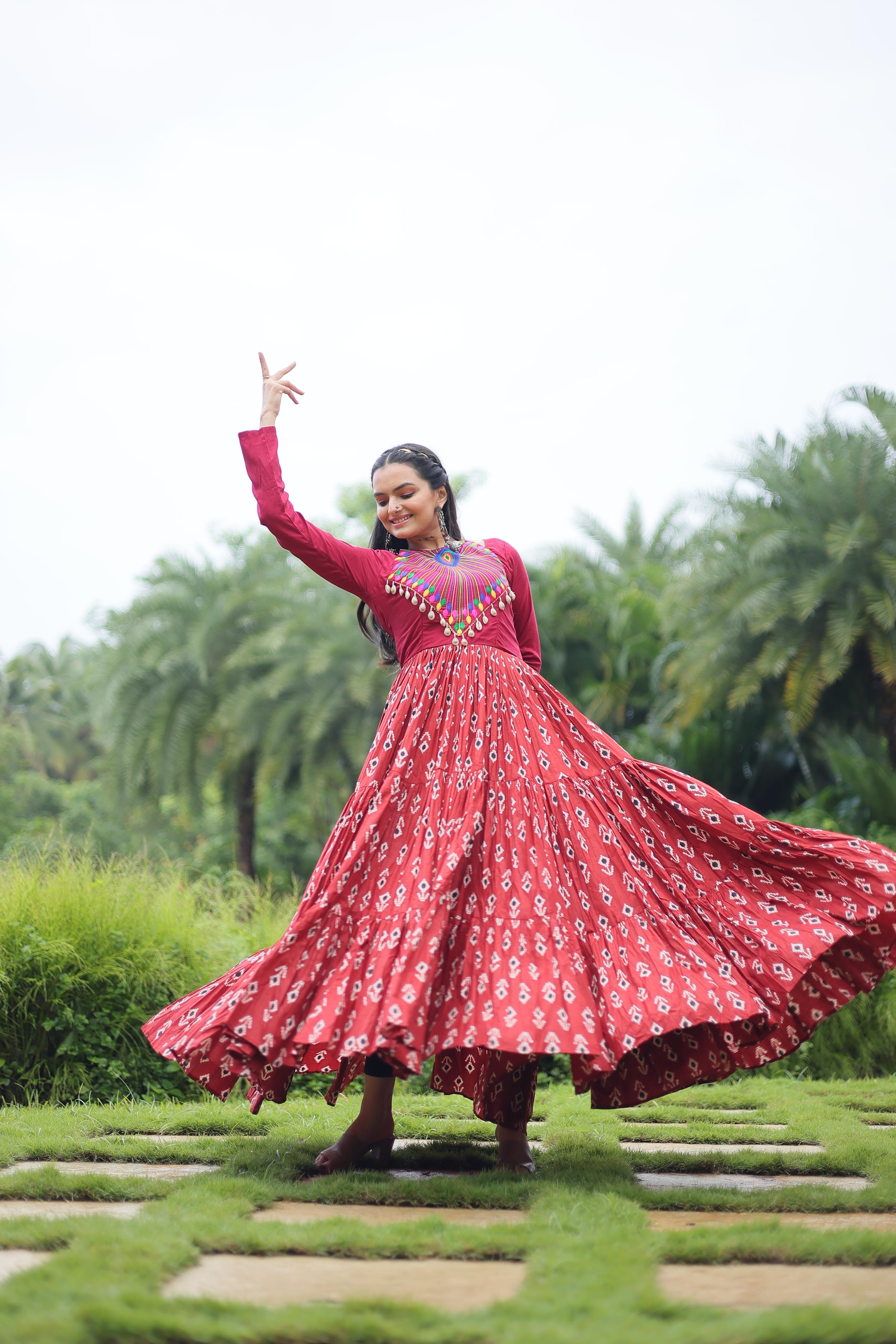 Lorenvalley Maroon Cotton Printed With Kutchi Gamthi Work and Kodi Lace Gown