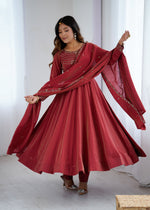 Thumbnail for Lorenvalley Fashion Maroon Roman Shimmer Chanderi Silk Yoke Fancy Handwork Beads Work Anarkali Kurta Pant With Dupatta Set