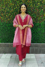 Thumbnail for Lorenvalley Fashion Maroon Roman Silk Hand Work Kurta Pant with Dupatta