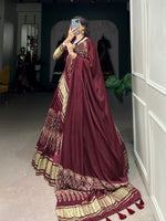 Thumbnail for Lorenvalley Maroon Gaji Silk Digital Print With Lagadi Patta Lehenga Choli with Dupatta - Distacart