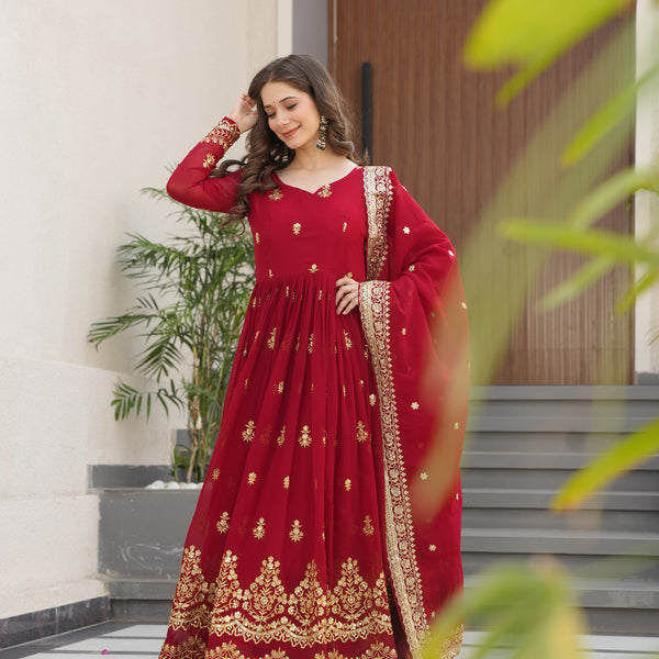 Lorenvalley Fashion Maroon Faux Georgette with Zari & Sequins Embroidered Work Anarkali Gown with Dupatta