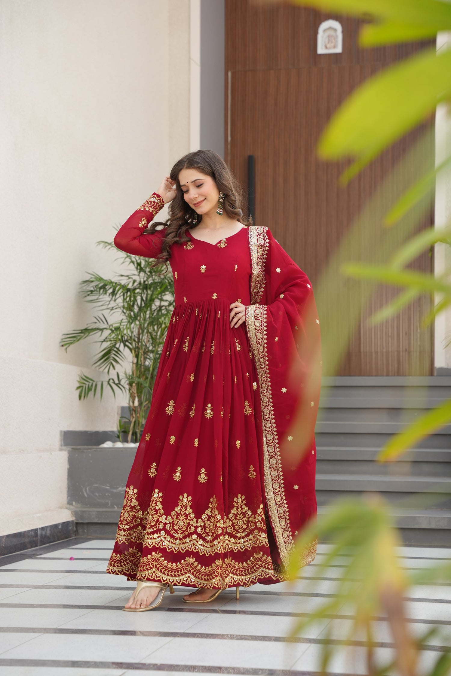 Lorenvalley Fashion Maroon Faux Georgette with Zari & Sequins Embroidered Work Anarkali Gown with Dupatta - Distacart