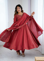 Thumbnail for Lorenvalley Fashion Maroon Roman Shimmer Chanderi Silk Yoke Fancy Handwork Beads Work Anarkali Kurta Pant With Dupatta Set