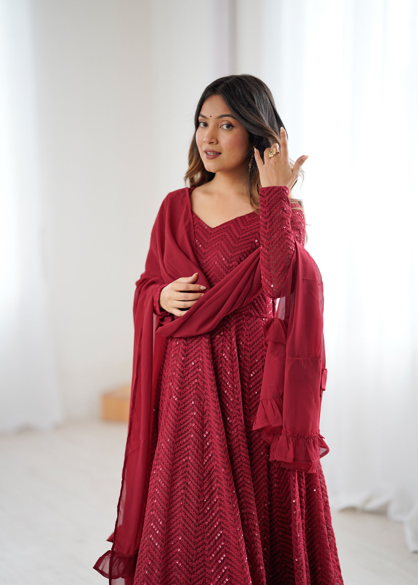 Lorenvalley Fashion Maroon Faux Georgette Lukhnowi Sequence Work Anarkali Kurta Pant With Dupatta Set