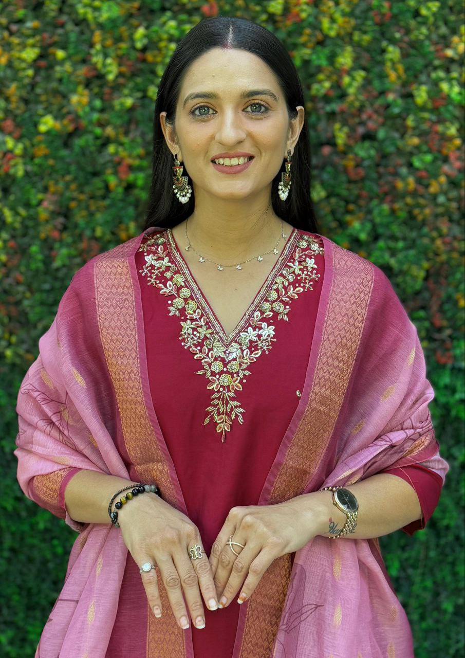 Lorenvalley Fashion Maroon Roman Silk Hand Work Kurta Pant with Dupatta