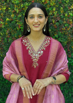 Thumbnail for Lorenvalley Fashion Maroon Roman Silk Hand Work Kurta Pant with Dupatta