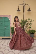 Thumbnail for Lorenvalley Maroon Printed Cotton With Kutchi Gamthi Work and Kodi Lace Gown - Distacart