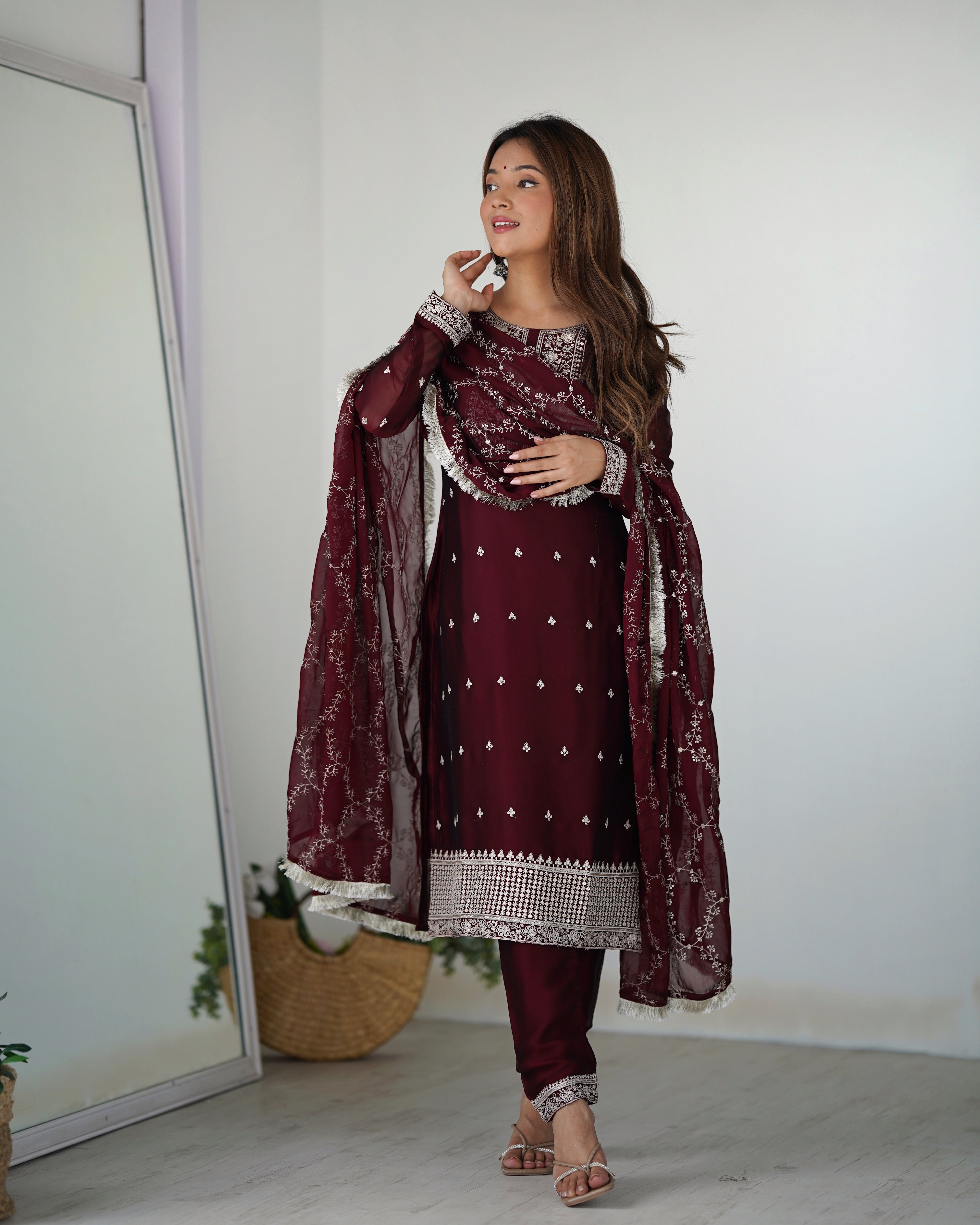 Lorenvalley Maroon Rangoli Silk Embroidery Sequence And Thread Work Kurta Trousers with Dupatta Set - Distacart
