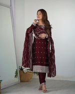 Thumbnail for Lorenvalley Maroon Rangoli Silk Embroidery Sequence And Thread Work Kurta Trousers with Dupatta Set - Distacart