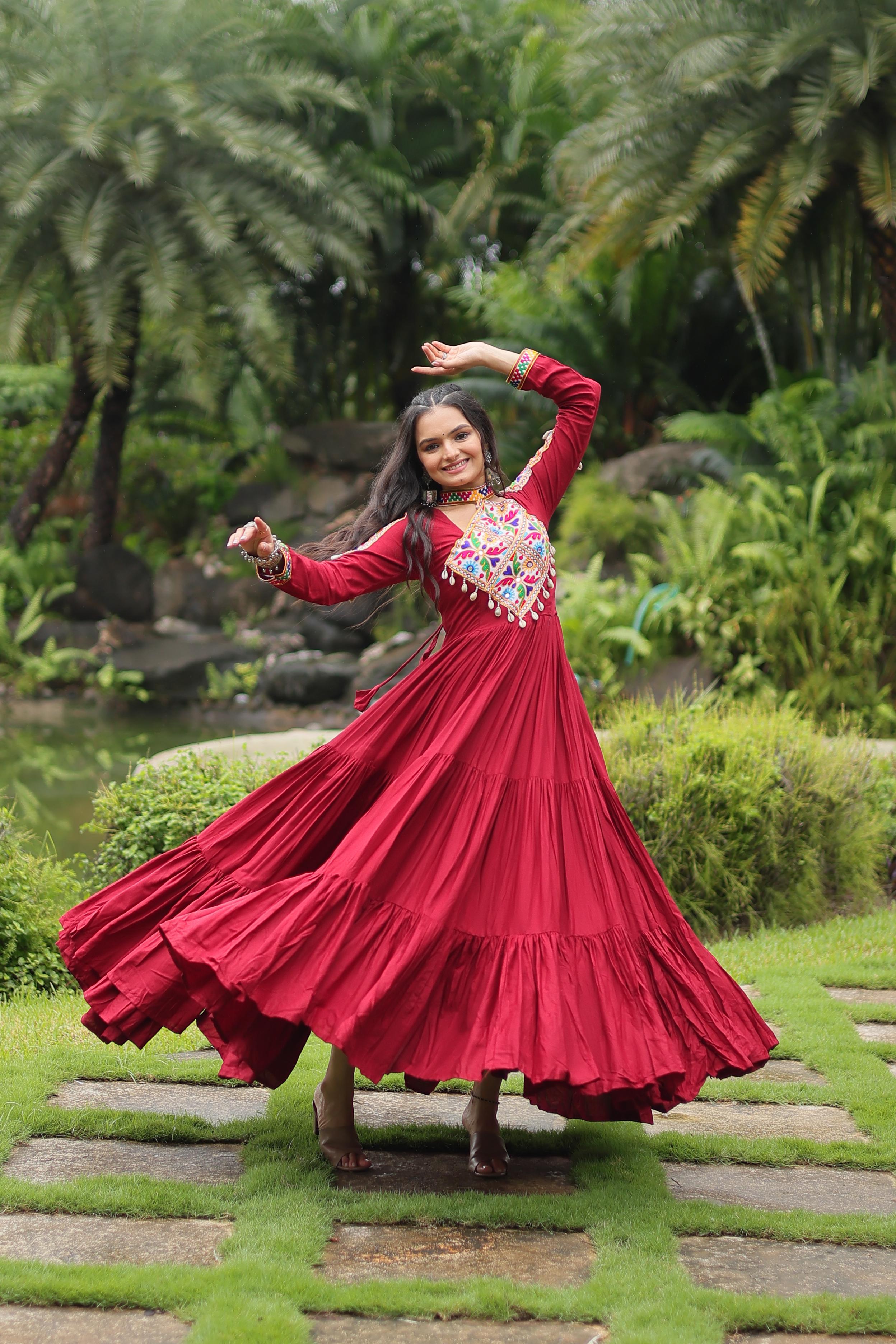 Lorenvalley Maroon Rayon Fabric with Kutchi Gamthi work Gown