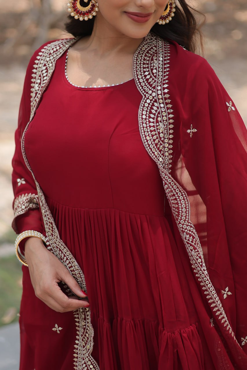 Evanik Maroon Faux Blooming Gown With Dupatta With Rich Sequins Embroidered work