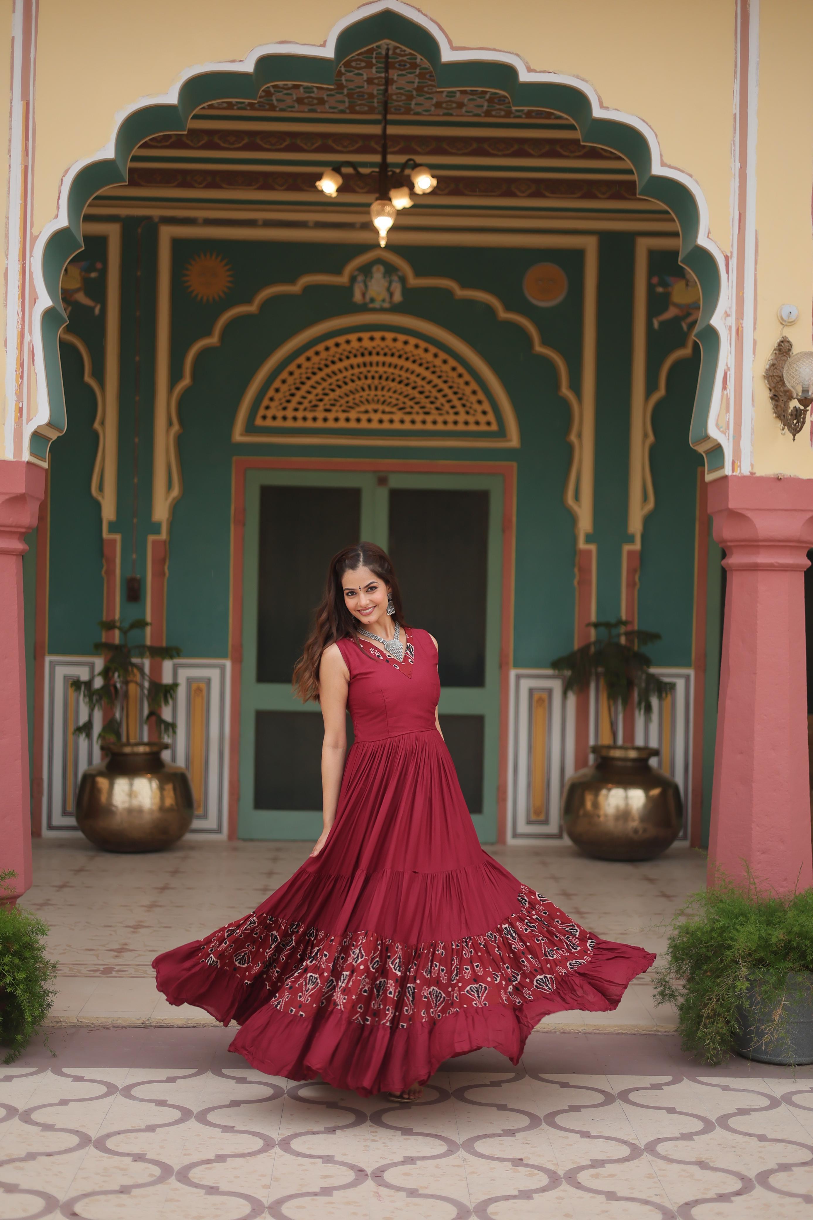 Lorenvalley Maroon Rayon Fabric with Printed Attached In Frill And Neck Gown - Distacart