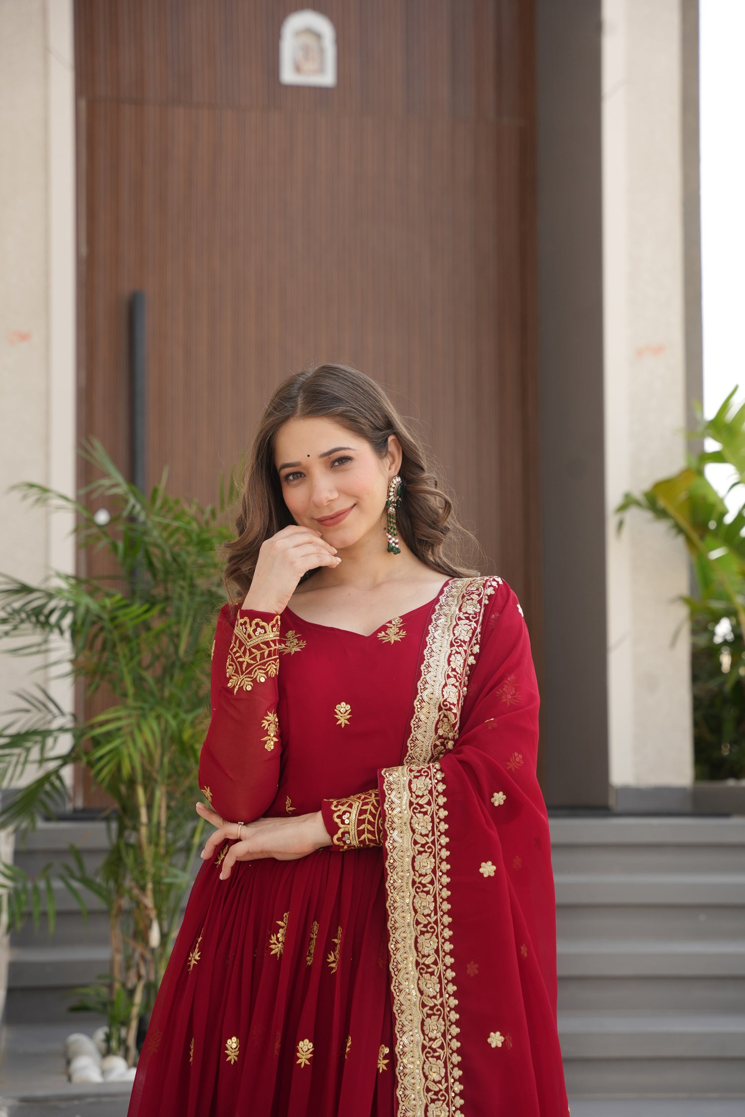 Lorenvalley Fashion Maroon Faux Georgette with Zari & Sequins Embroidered Work Anarkali Gown with Dupatta